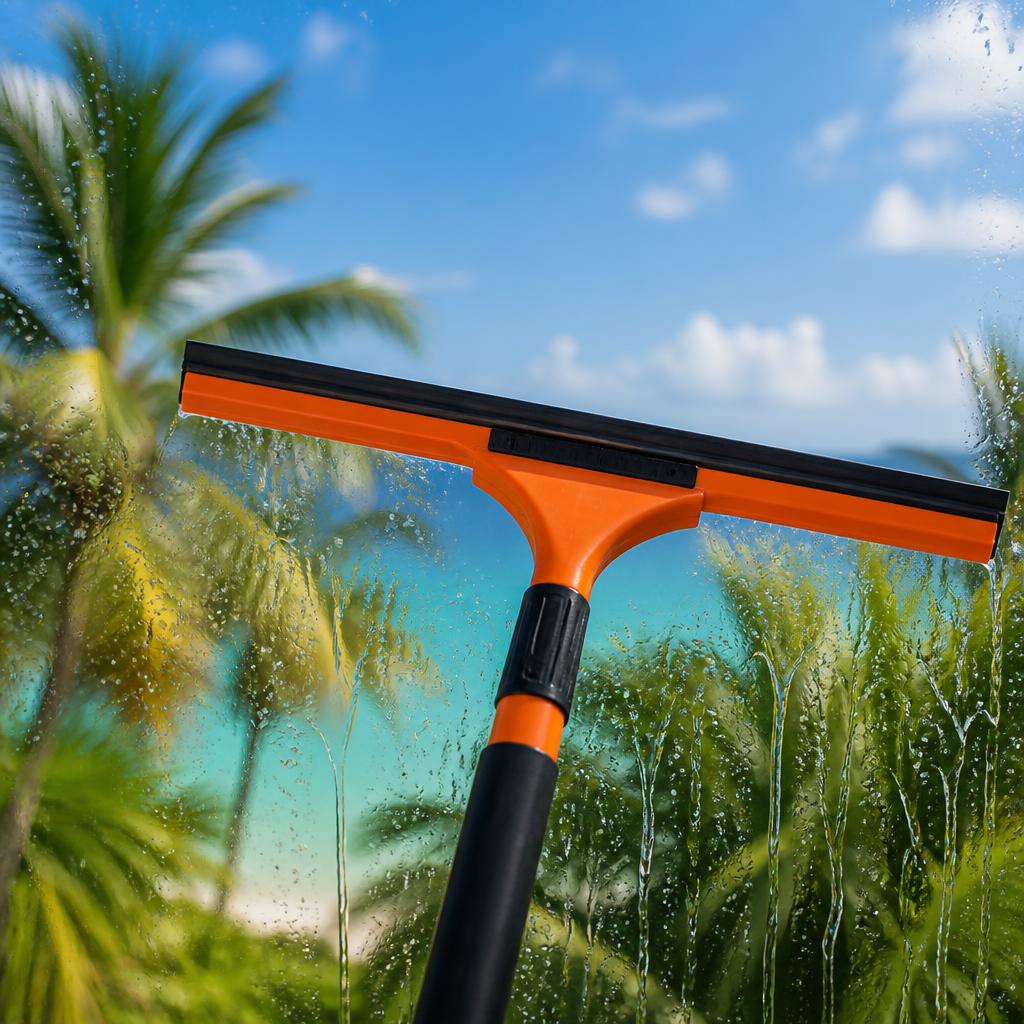 Squeegee cleaning a glass window with a bright tropical St. Lucian backdrop