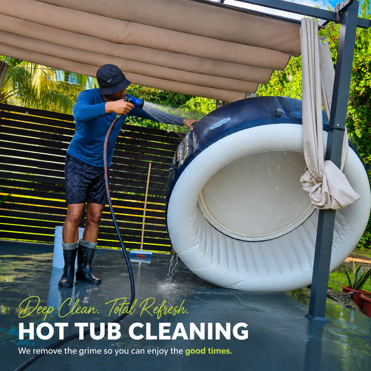 Team member washing down an inflatable hot tub