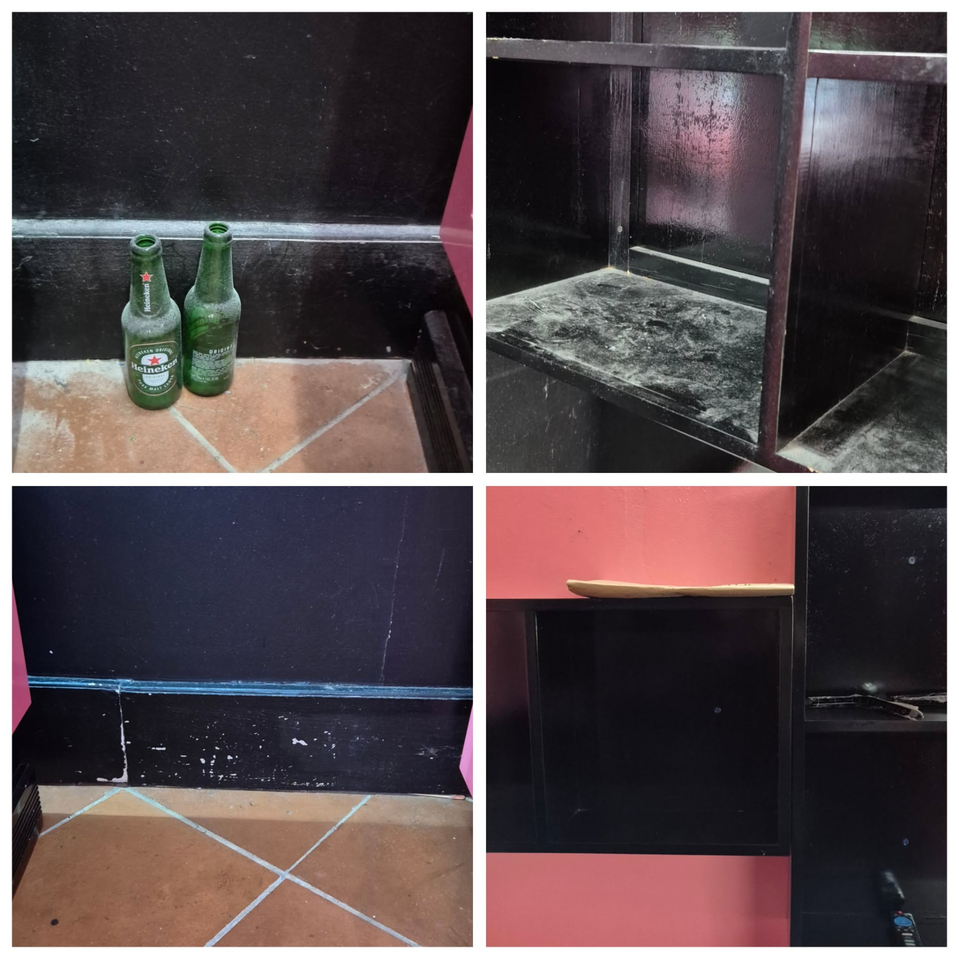 Detail shots of grime removal on shelving, skirting and tile