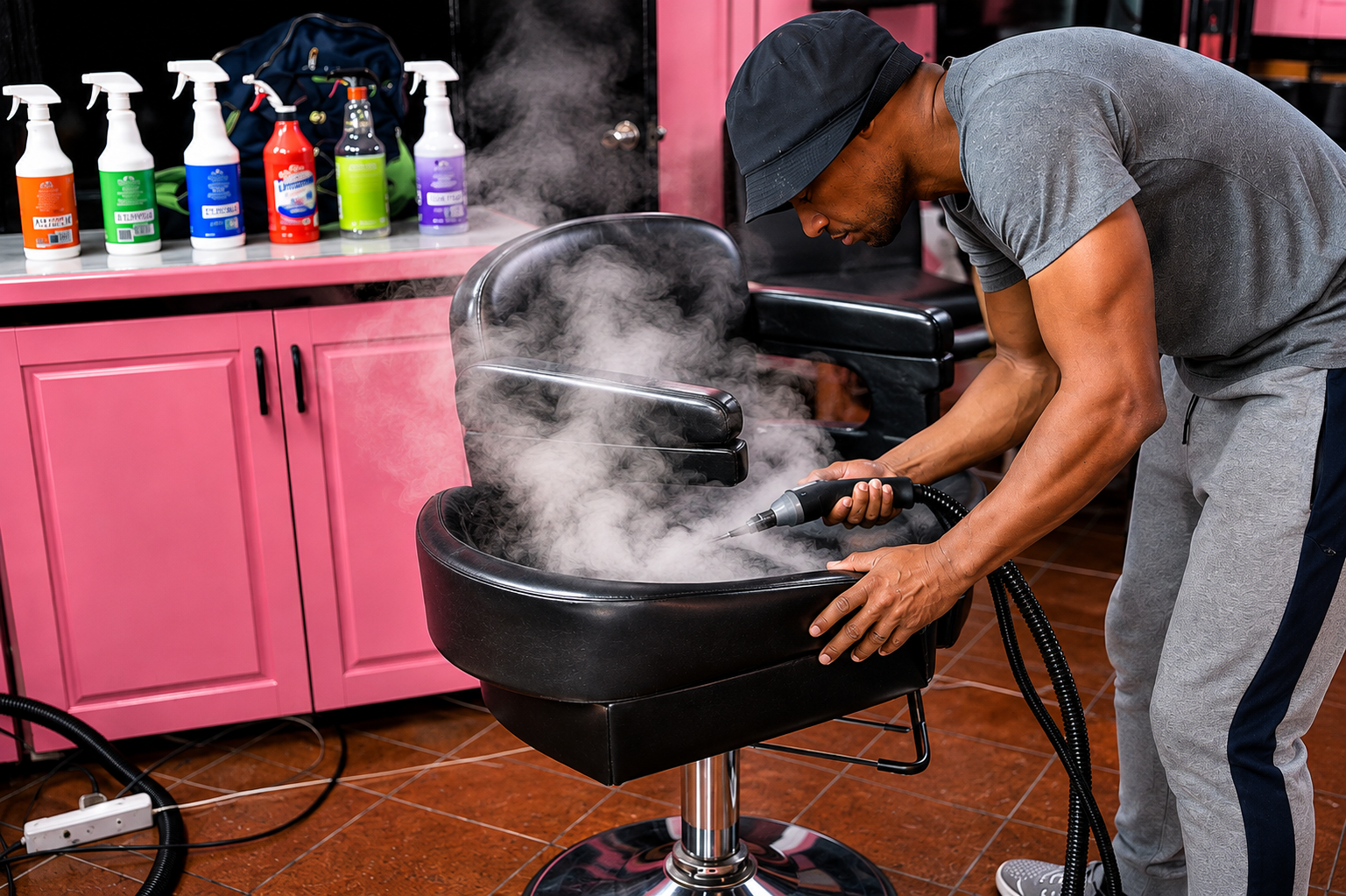 Steam sanitising a salon barber chair
