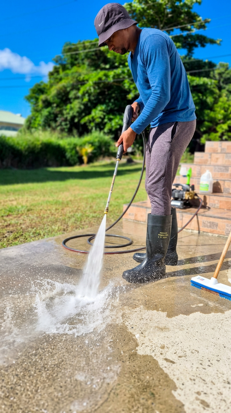 Pressure washer cleaning concrete driveway
