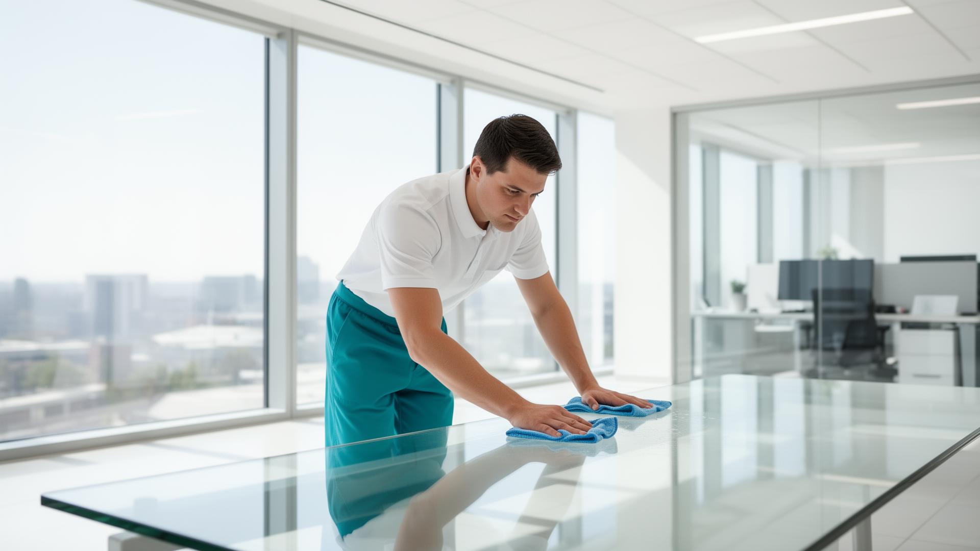 Professional cleaner polishing a glass office table