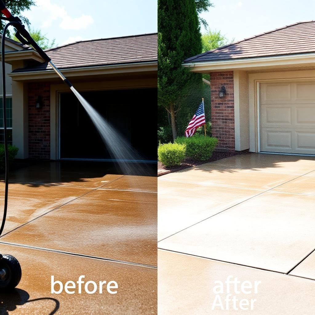 Pressure washer cleaning concrete driveway